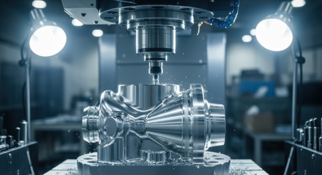 Fiveaxis CNC milling machine sculpting a titanium rocket turbopump housing with complex contours and tight tolerances under bright factory lights.