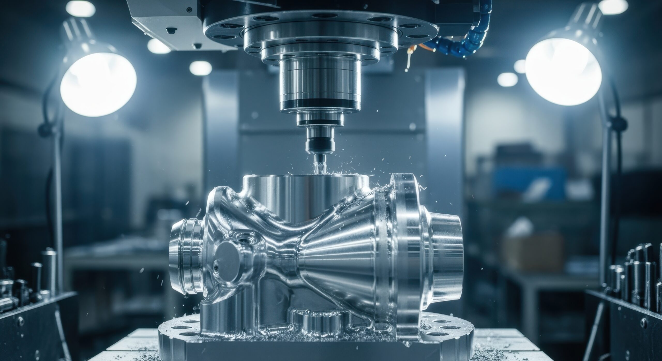 Fiveaxis CNC milling machine sculpting a titanium rocket turbopump housing with complex contours and tight tolerances under bright factory lights.