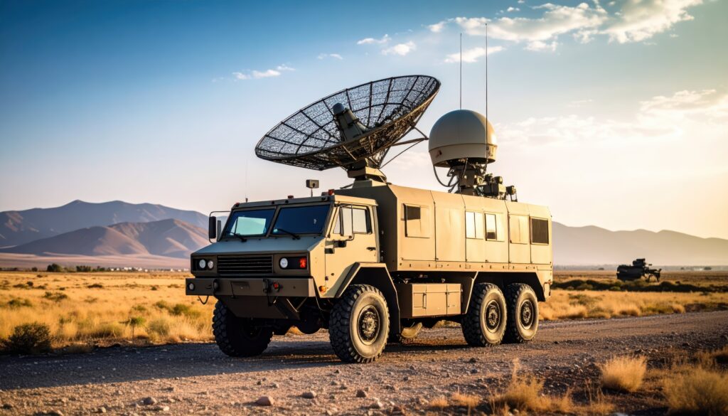 A military communication vehicle with a large satellite dish parked in a desert landscape. This scene depicts advanced technology used for defense operations.