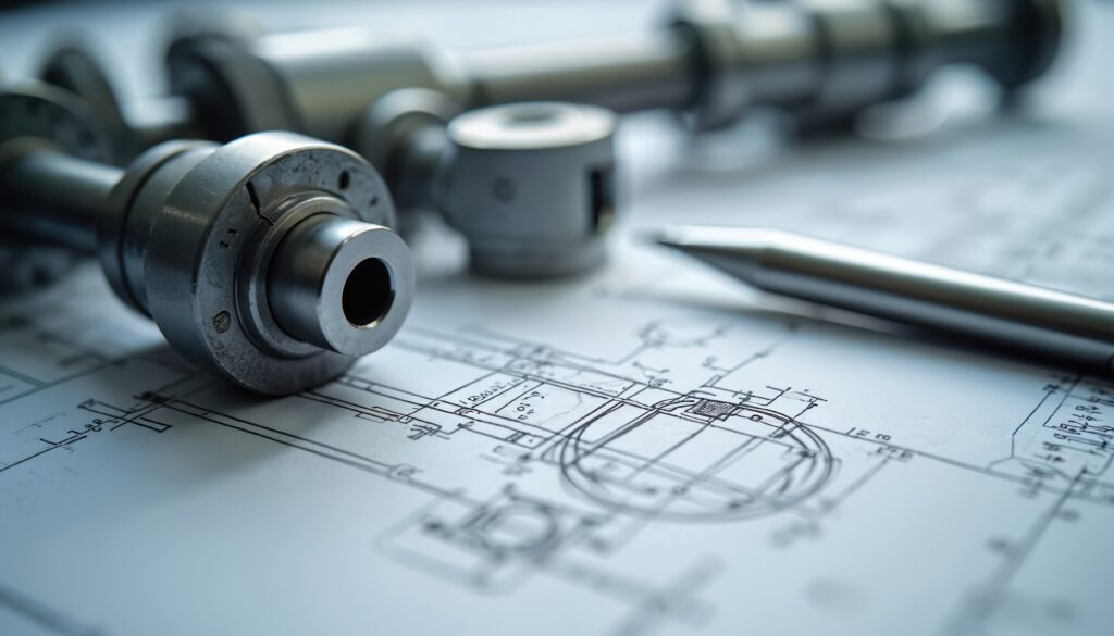 Metal machine parts lay on detailed technical blueprints.
